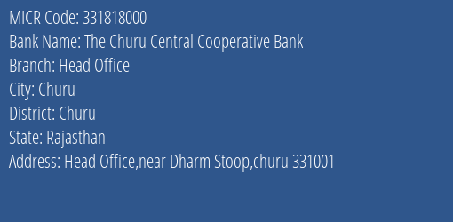 The Churu Central Cooperative Bank Head Office MICR Code