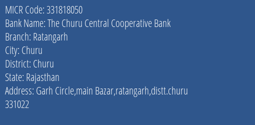 The Churu Central Cooperative Bank Ratangarh MICR Code