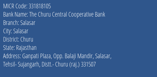 The Churu Central Cooperative Bank Salasar MICR Code