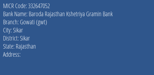Baroda Rajasthan Kshetriya Gramin Bank Gowati Gwt MICR Code