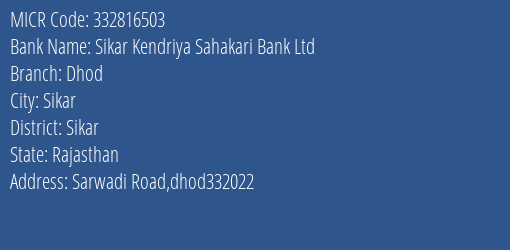 Sikar Kendriya Sahakari Bank Ltd Dhod MICR Code