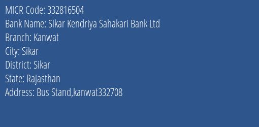 Sikar Kendriya Sahakari Bank Ltd Kanwat MICR Code