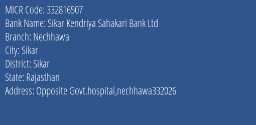 Sikar Kendriya Sahakari Bank Ltd Nechhawa MICR Code