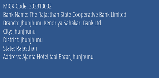 Jhunjhunu Kendriya Sahakari Bank Ltd Taal Bazar MICR Code
