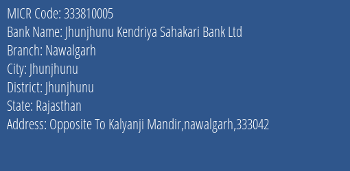 Jhunjhunu Kendriya Sahakari Bank Ltd Nawalgarh MICR Code