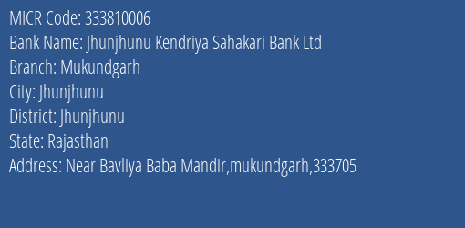 Jhunjhunu Kendriya Sahakari Bank Ltd Mukundgarh MICR Code