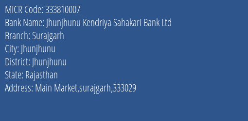 Jhunjhunu Kendriya Sahakari Bank Ltd Surajgarh MICR Code