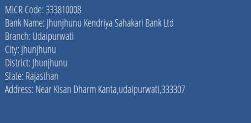 Jhunjhunu Kendriya Sahakari Bank Ltd Udaipurwati MICR Code