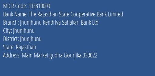 Jhunjhunu Kendriya Sahakari Bank Ltd Singhana MICR Code