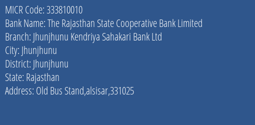 Jhunjhunu Kendriya Sahakari Bank Ltd Alsisar MICR Code