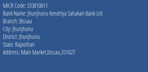 Jhunjhunu Kendriya Sahakari Bank Ltd Bissau MICR Code
