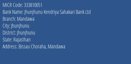 Jhunjhunu Kendriya Sahakari Bank Ltd Mandawa MICR Code