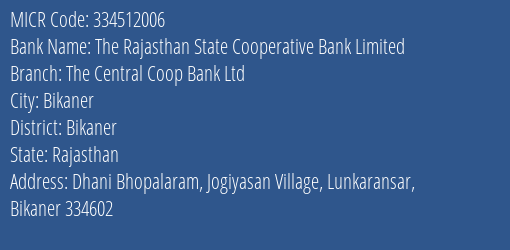 The Rajasthan State Cooperative Bank Limited The Central Coop Bank Ltd MICR Code