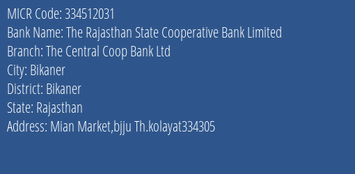 The Bikaner Central Cooperative Bank Bjju MICR Code