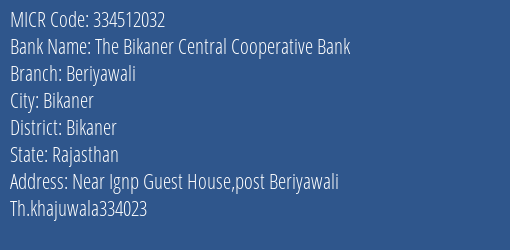 The Bikaner Central Cooperative Bank Beriyawali MICR Code