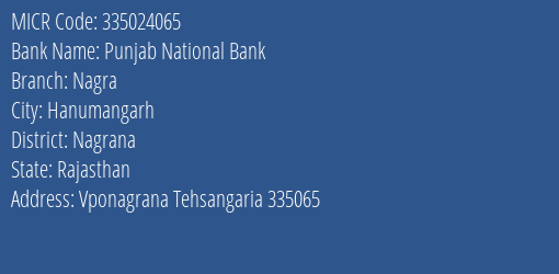 Punjab National Bank Nagra MICR Code