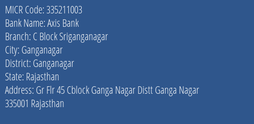 Axis Bank C Block Sriganganagar MICR Code