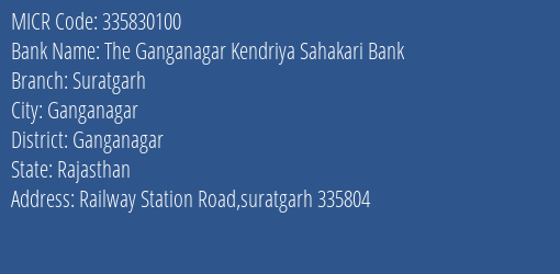 The Ganganagar Kendriya Sahakari Bank Suratgarh MICR Code