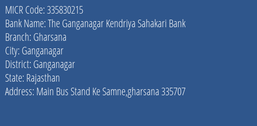 The Ganganagar Kendriya Sahakari Bank Gharsana MICR Code