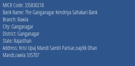 The Ganganagar Kendriya Sahakari Bank Rawla MICR Code