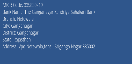 The Ganganagar Kendriya Sahakari Bank Netewala MICR Code