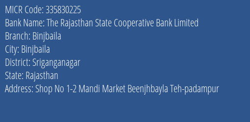 The Rajasthan State Cooperative Bank Limited Binjbaila MICR Code