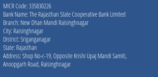 The Rajasthan State Cooperative Bank Limited New Dhan Mandi Raisinghnagar MICR Code