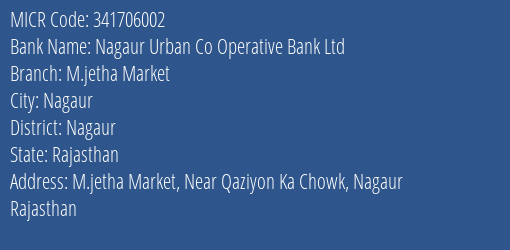 Nagaur Urban Co Operative Bank Ltd M.jetha Market MICR Code