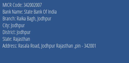 State Bank Of India Raika Bagh Jodhpur Branch Address Details and MICR Code 342002007