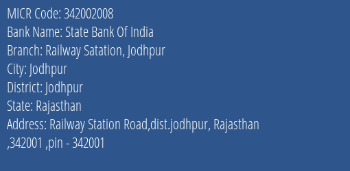 State Bank Of India Railway Satation Jodhpur Branch Address Details and MICR Code 342002008