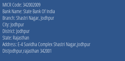 State Bank Of India Shastri Nagar Jodhpur Branch Address Details and MICR Code 342002009