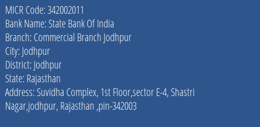 State Bank Of India Commercial Branch Jodhpur Branch Address Details and MICR Code 342002011