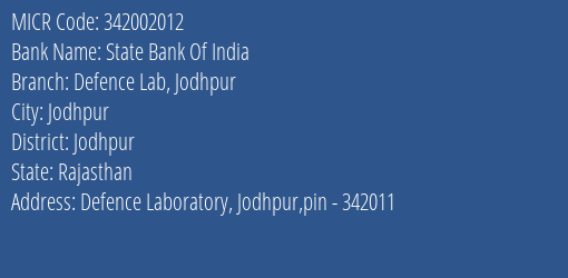 State Bank Of India Defence Lab Jodhpur Branch Address Details and MICR Code 342002012