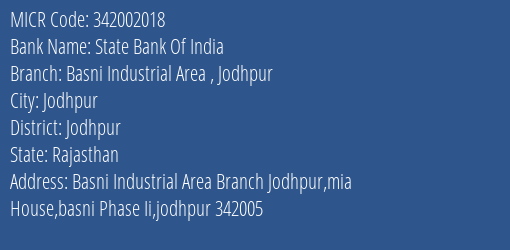 State Bank Of India Basni Industrial Area Jodhpur Branch Address Details and MICR Code 342002018