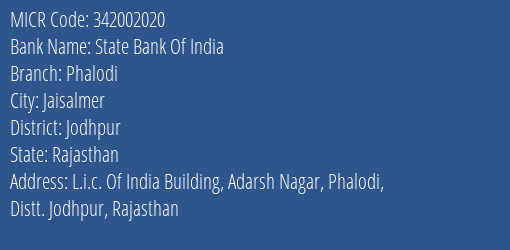 State Bank Of India Phalodi Branch Address Details and MICR Code 342002020