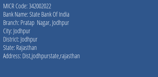 State Bank Of India Pratap Nagar Jodhpur Branch Address Details and MICR Code 342002022