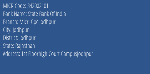 State Bank Of India Micr Cpc Jodhpur Branch Address Details and MICR Code 342002101