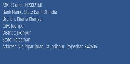 State Bank Of India Kharia Khangar Branch Address Details and MICR Code 342002160