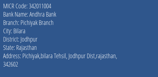Andhra Bank Pichiyak Branch MICR Code