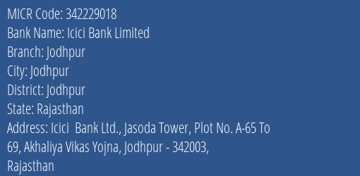Icici Bank Jodhpur Branch Address Details and MICR Code 342229018