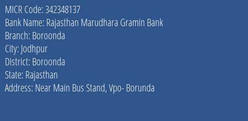 Rajasthan Marudhara Gramin Bank Boroonda MICR Code