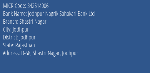 Jodhpur Nagrik Sahakari Bank Ltd Shastri Nagar MICR Code
