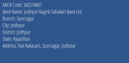 Jodhpur Nagrik Sahakari Bank Ltd Soorsagar MICR Code