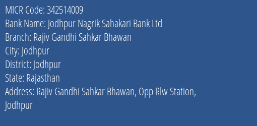 Jodhpur Nagrik Sahakari Bank Ltd Rajiv Gandhi Sahkar Bhawan MICR Code