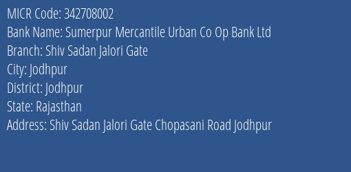 Sumerpur Mercantile Urban Co Op Bank Ltd Shiv Sadan Jalori Gate MICR Code