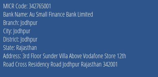 Au Small Finance Bank Limited Jodhpur MICR Code