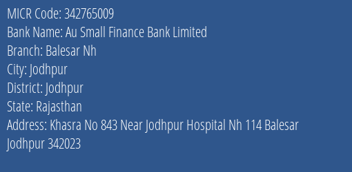 Au Small Finance Bank Limited Balesar Nh MICR Code