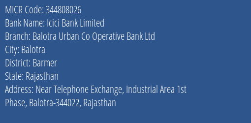 Balotra Urban Co Operative Bank Ltd Balotra MICR Code