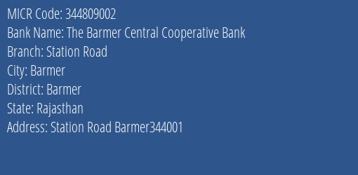 The Barmer Central Cooperative Bank Station Road MICR Code