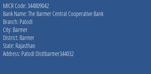 The Barmer Central Cooperative Bank Patodi MICR Code